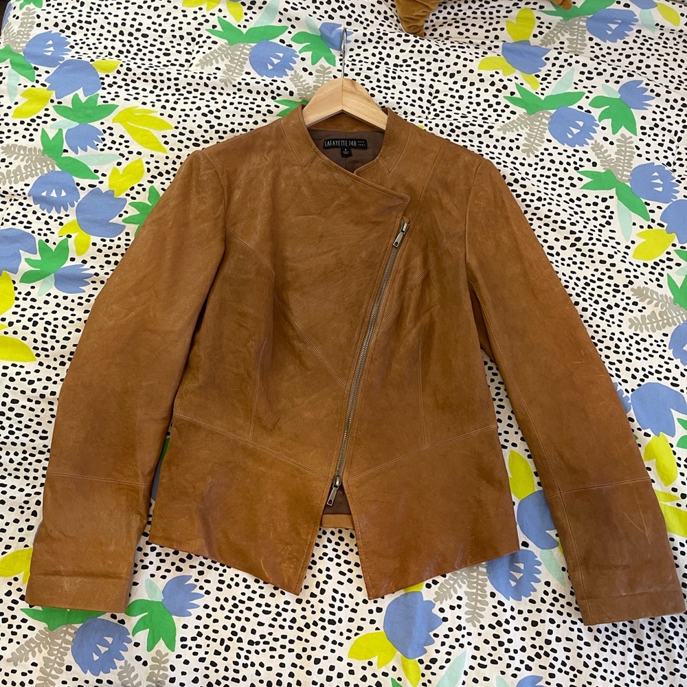 Lafayette 148 cognac leather asymmetrical zip blazer jacket size 8